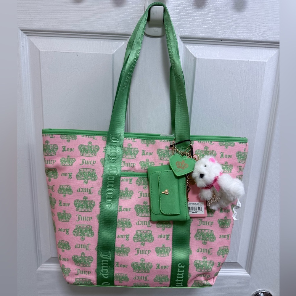 NWT Juicy Couture Juicy Festival Tote In Pink Lemonade/Retro Green